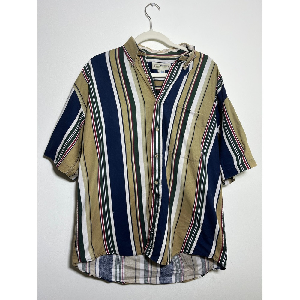 Vintage Natural Issue Mens Large Striped Short Sleeve Button Down Shirt Cotton